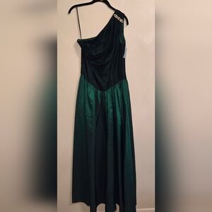 Alfred Angelo Vintage 80s Emerald Green One Shoulder Velvet Taffeta Maxi Dress